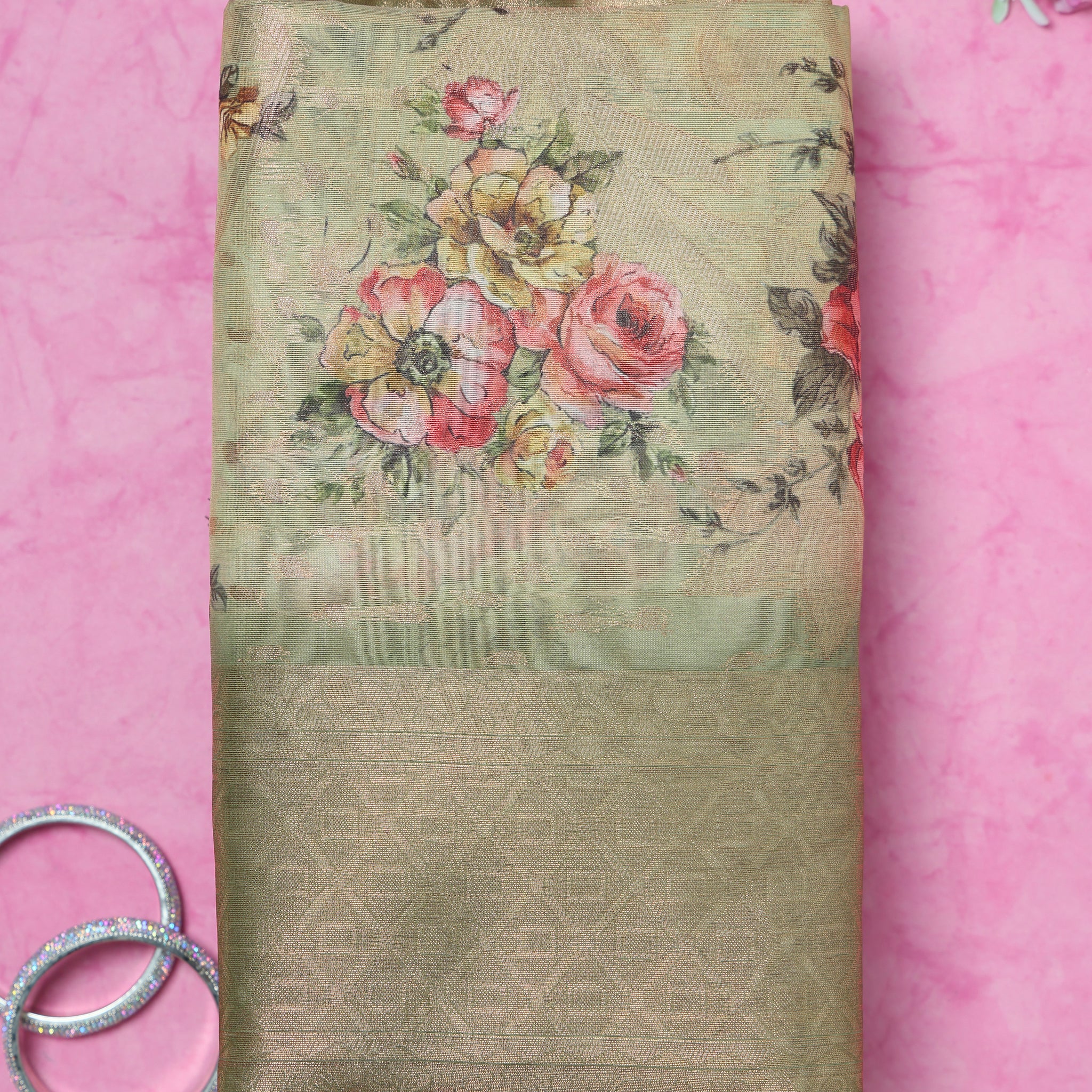 Floral Fancy Silk Saree with Contrast Zari Border - Green
