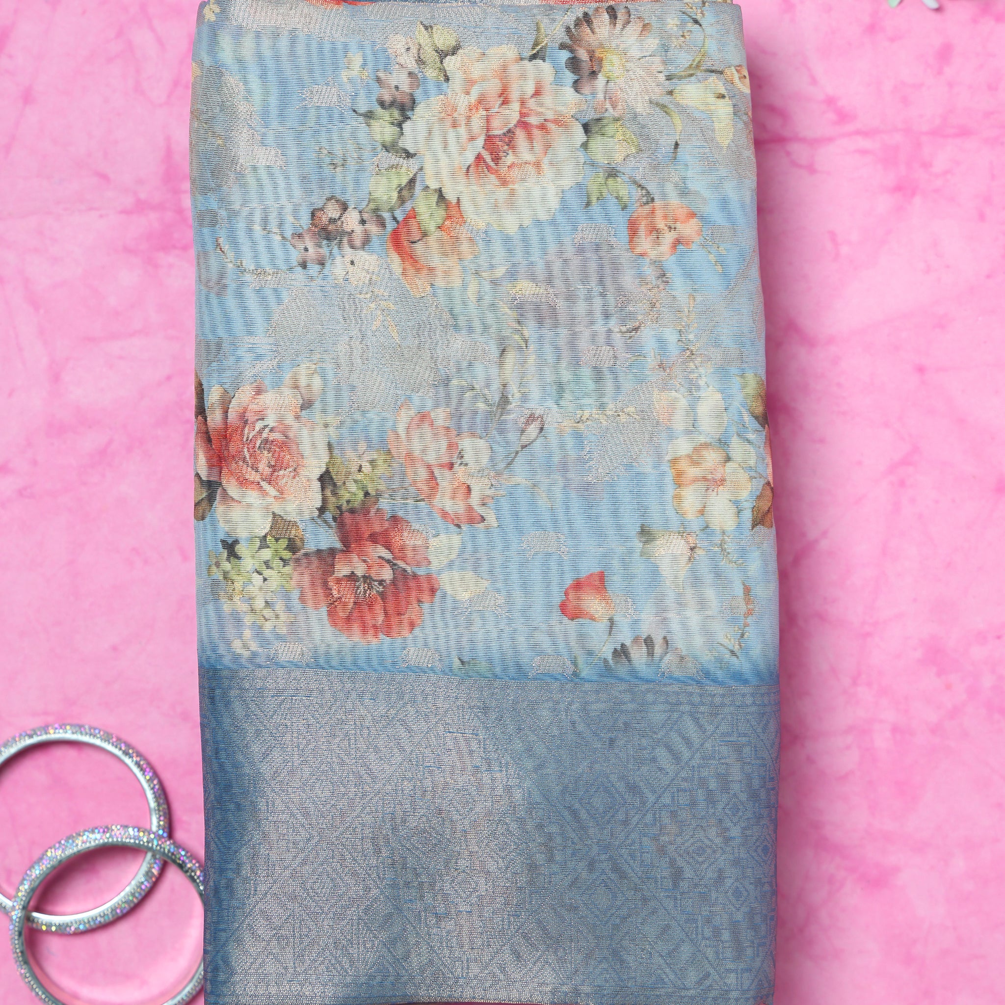 Blue Printed Fancy Silk Saree