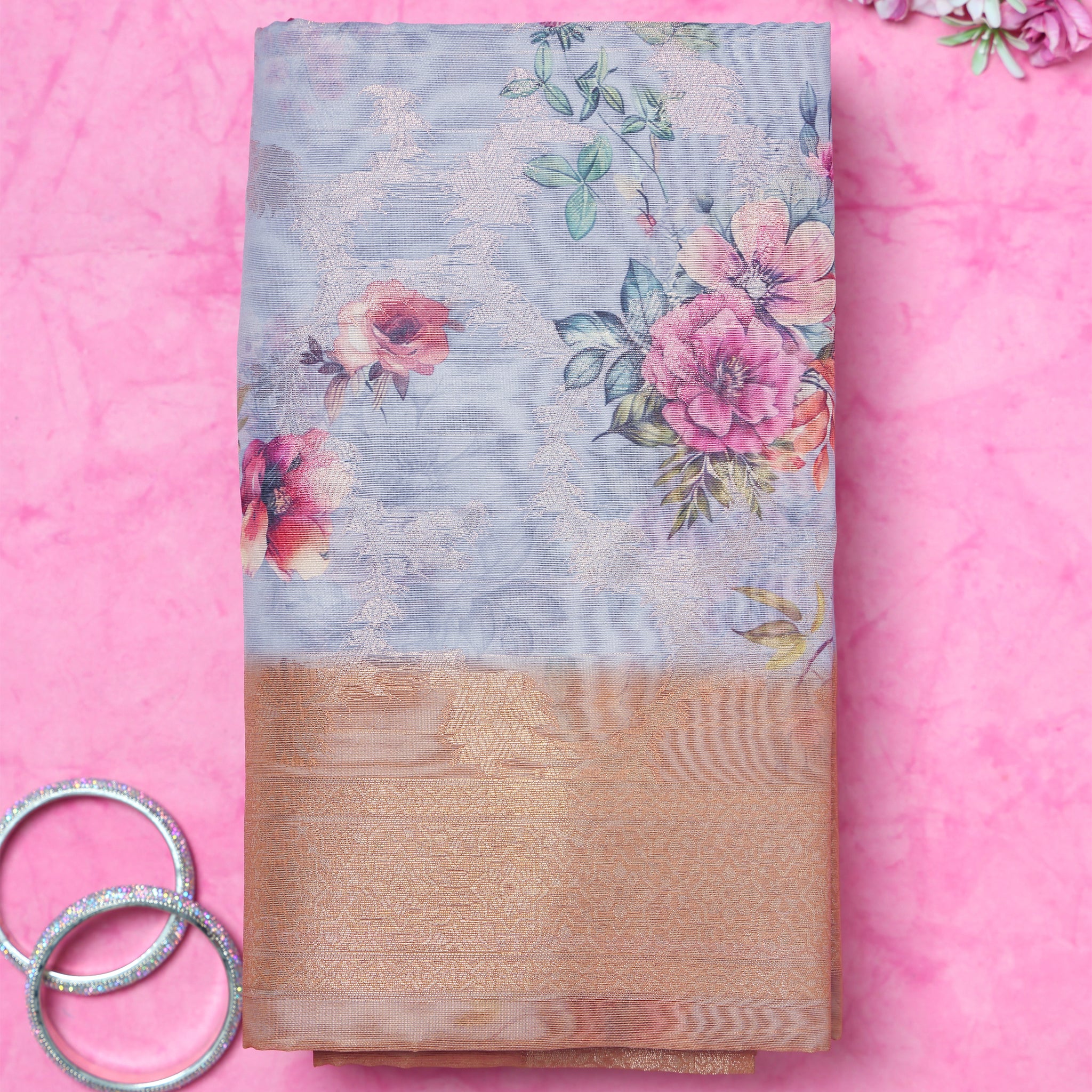 Grey Printed Fancy Silk Saree