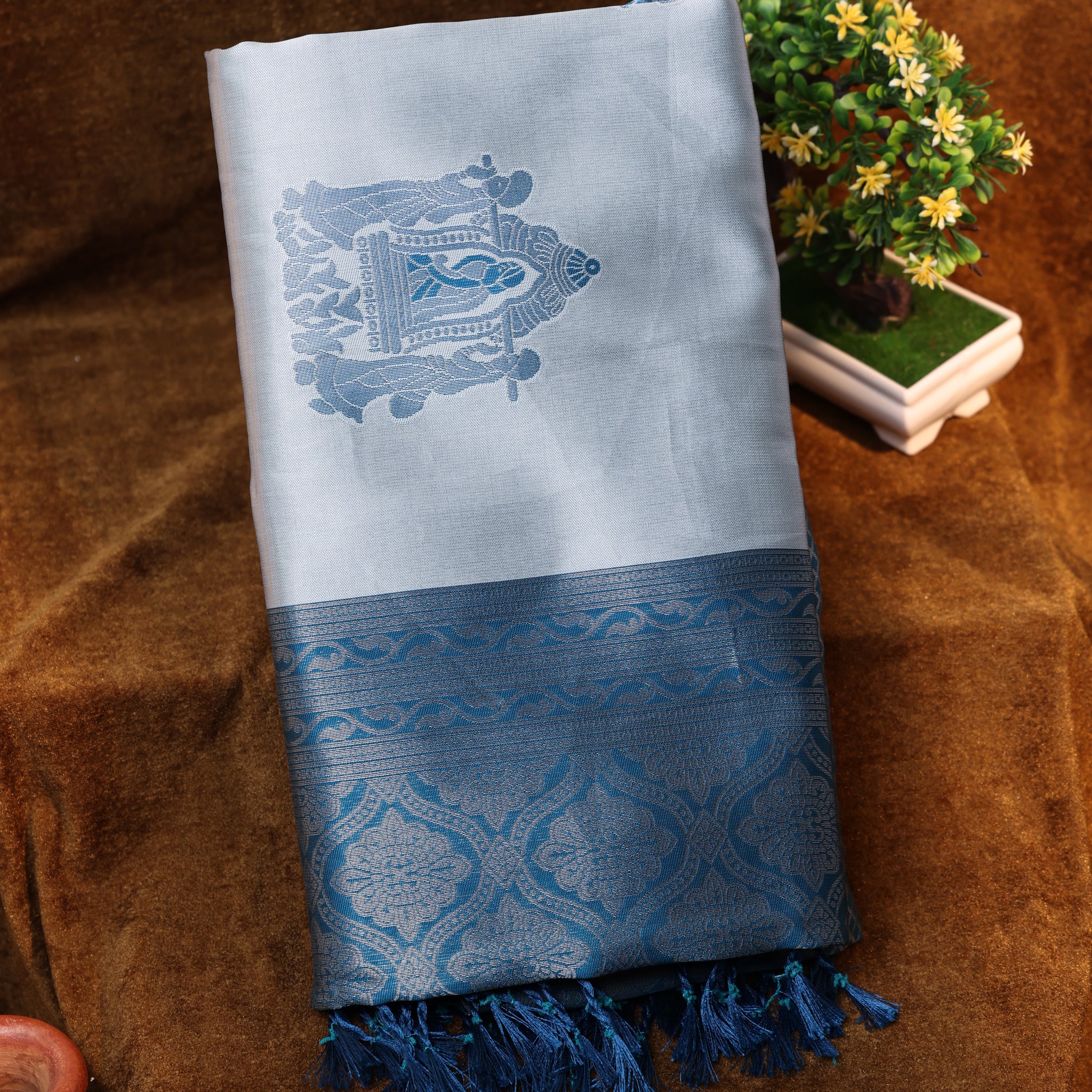 Grey Color Lichi Silk Saree