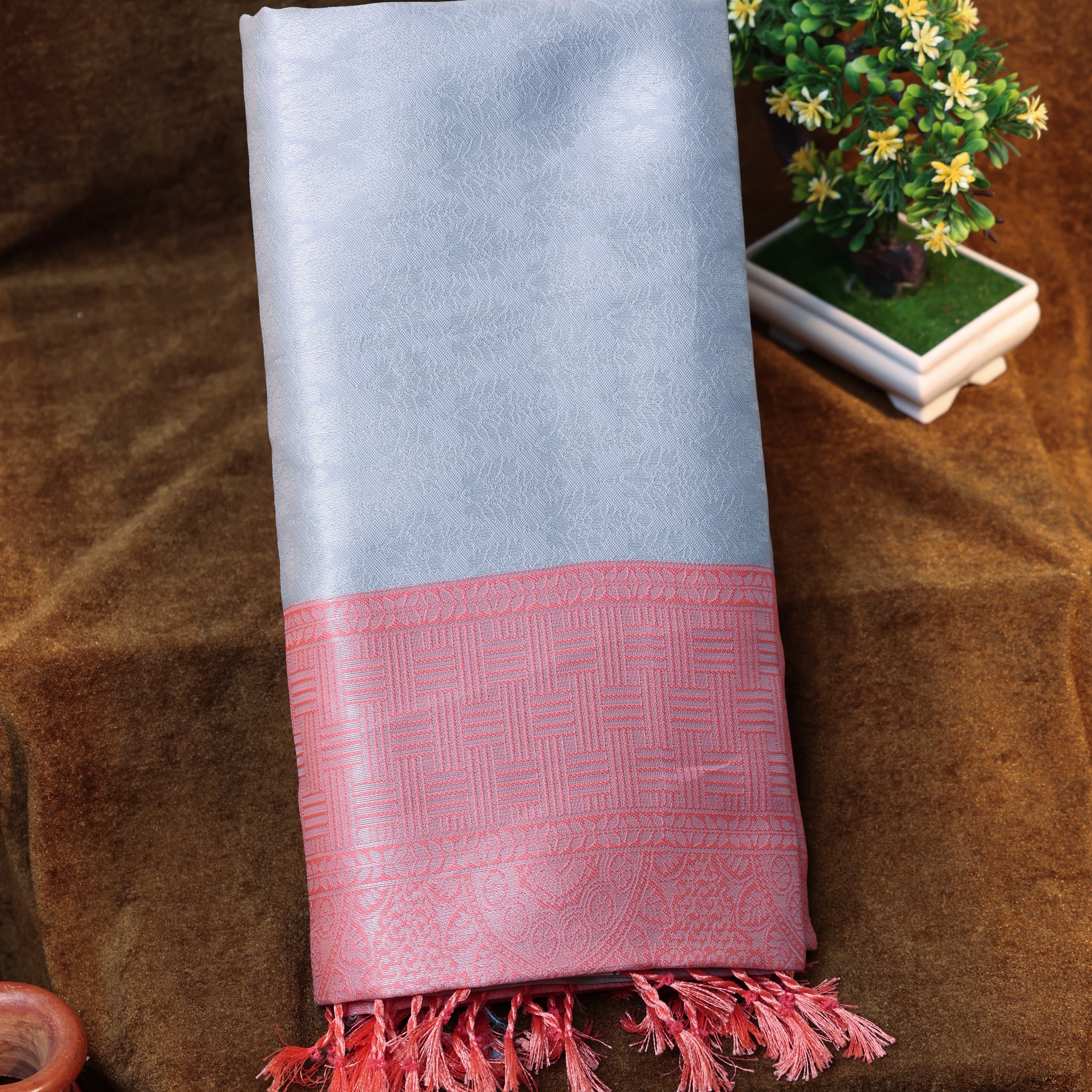 Grey Color Lichi Silk Saree