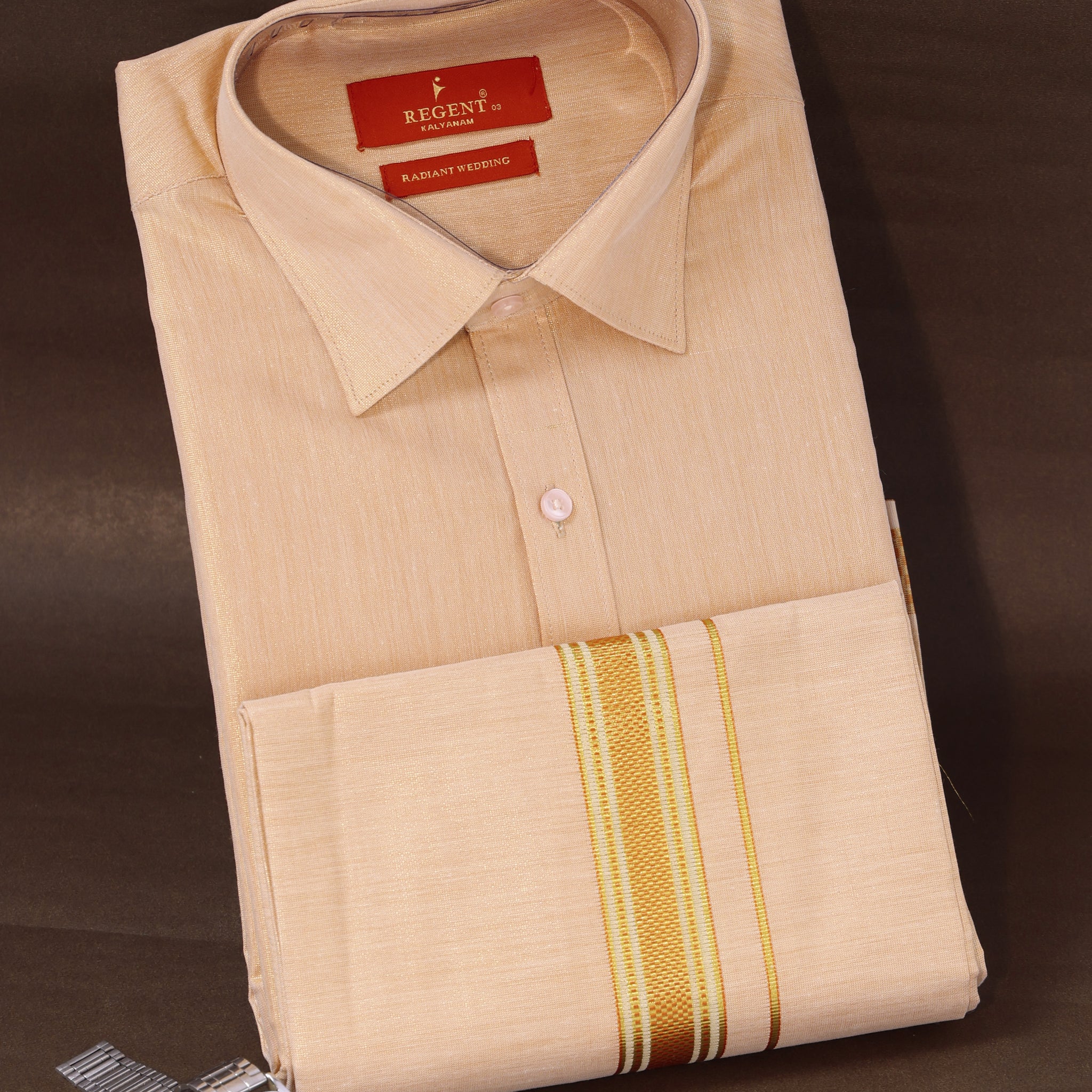 Men's Rose Gold Color Traditional Regular Fit Shirt & Dhoti Set