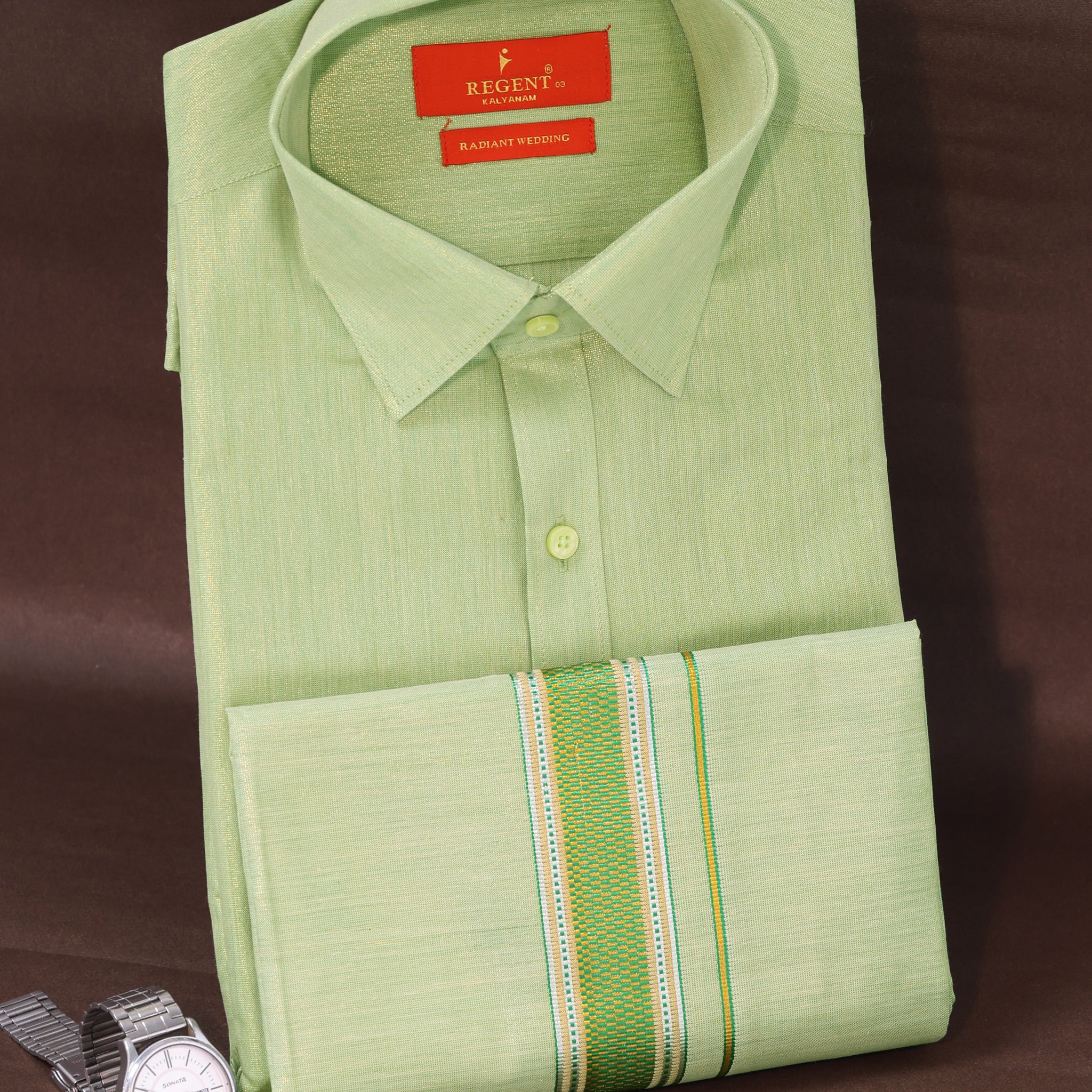 Men's Pista Green Color Traditional Regular Fit Shirt & Dhoti Set