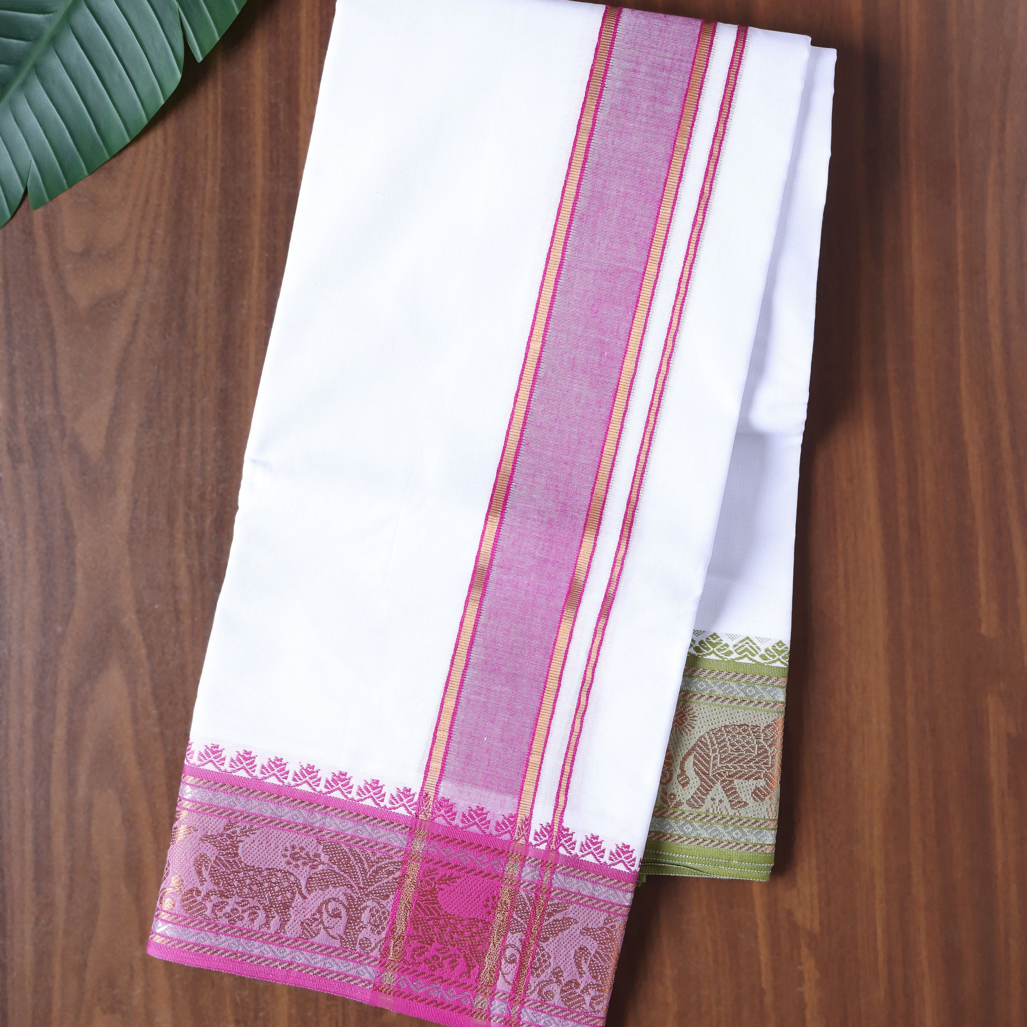 Men’s Cotton Dhoti with Contrast Zari Border - White