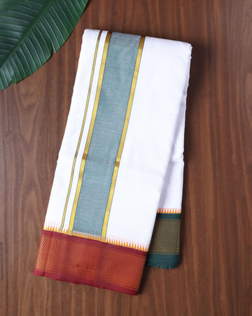 Men’s Cotton Dhoti with Contrast Zari Border - White