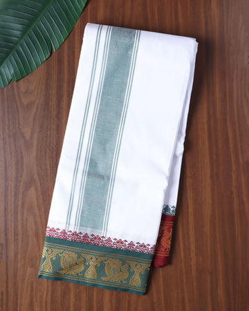 Men’s Cotton Dhoti with Contrast Zari Border - White