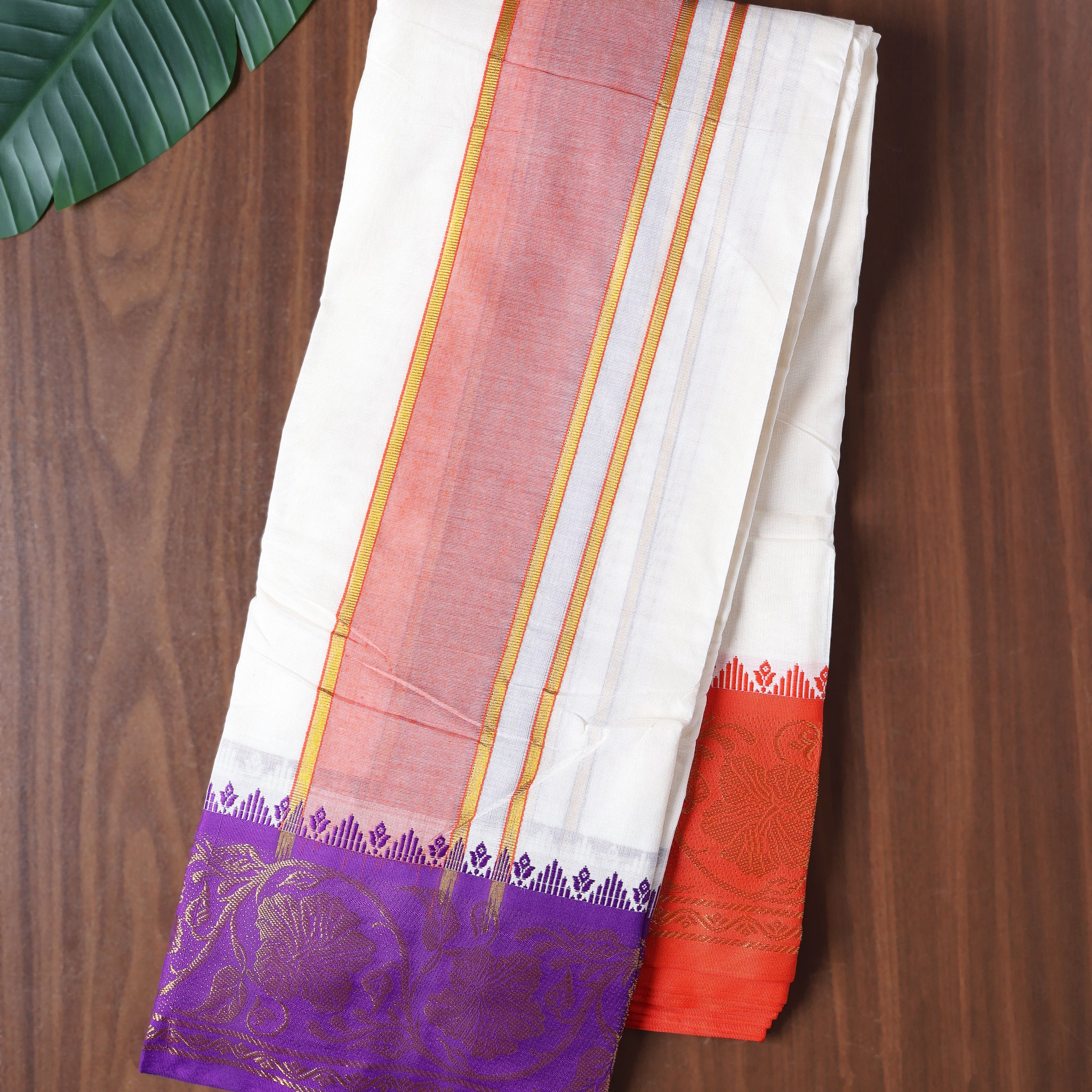 Men’s Cotton Dhoti with Contrast Zari Border - Half White