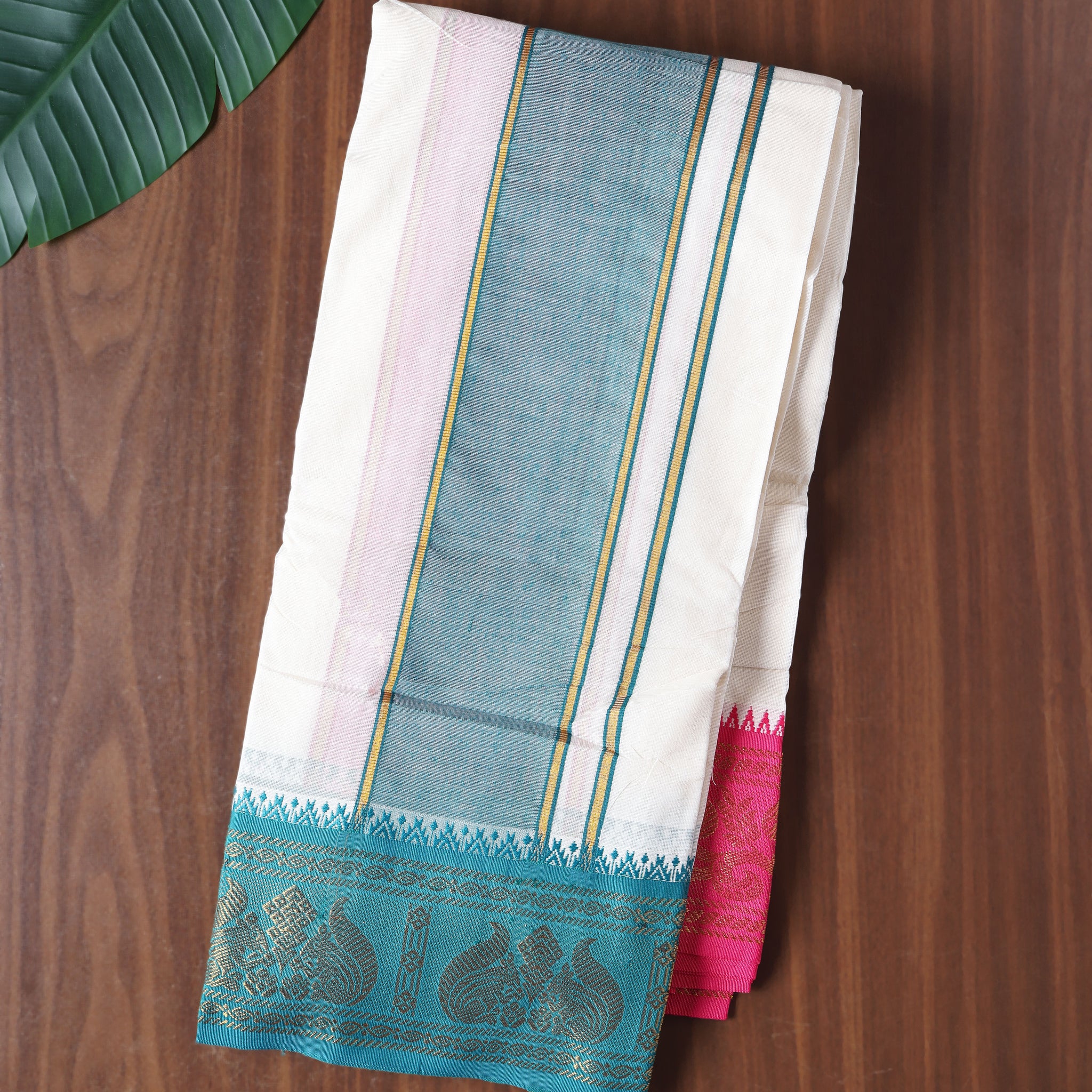 Men’s Cotton Dhoti with Contrast Zari Border - Half White