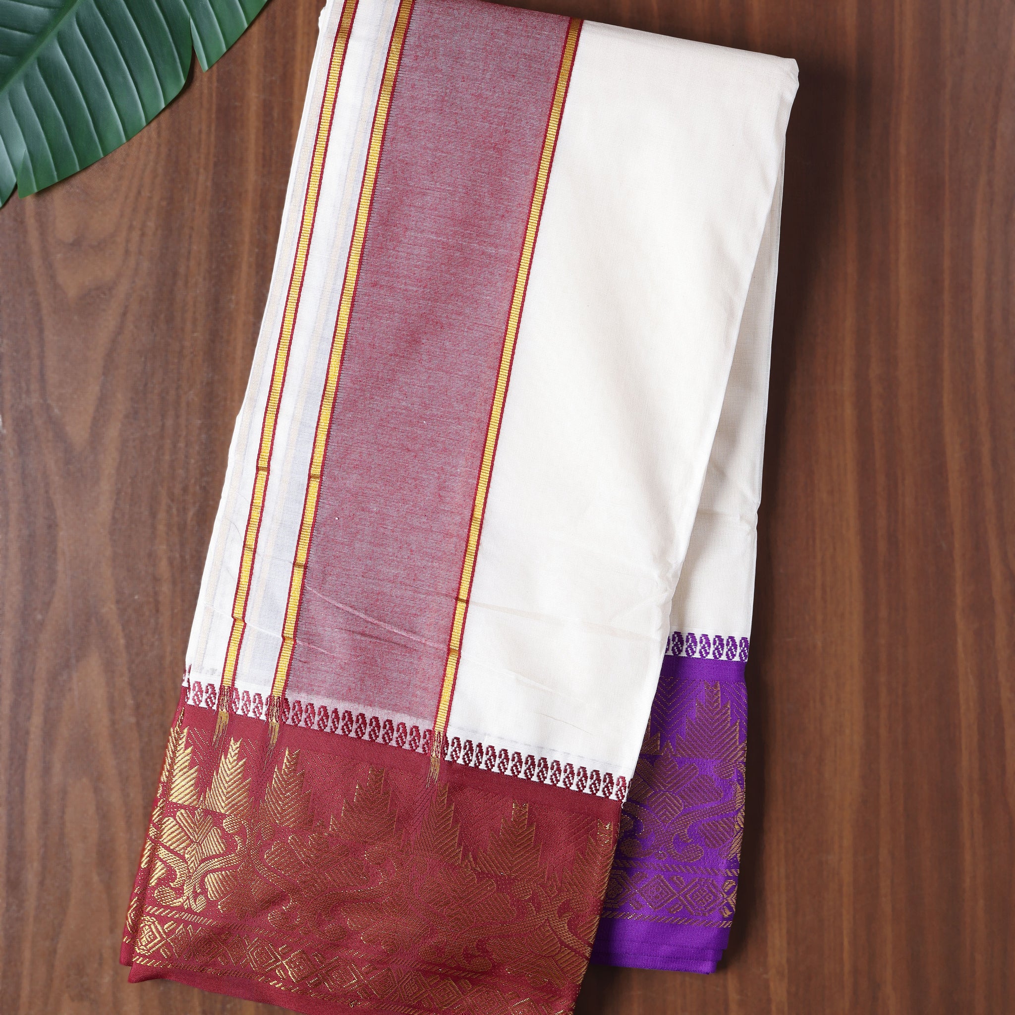 Men’s Cotton Dhoti with Contrast Zari Border - Half White