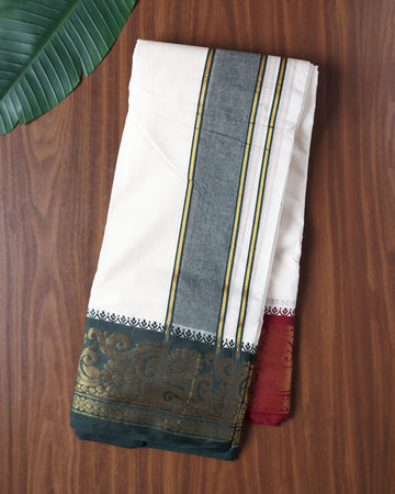 Men’s Cotton Dhoti with Contrast Zari Border - Half White