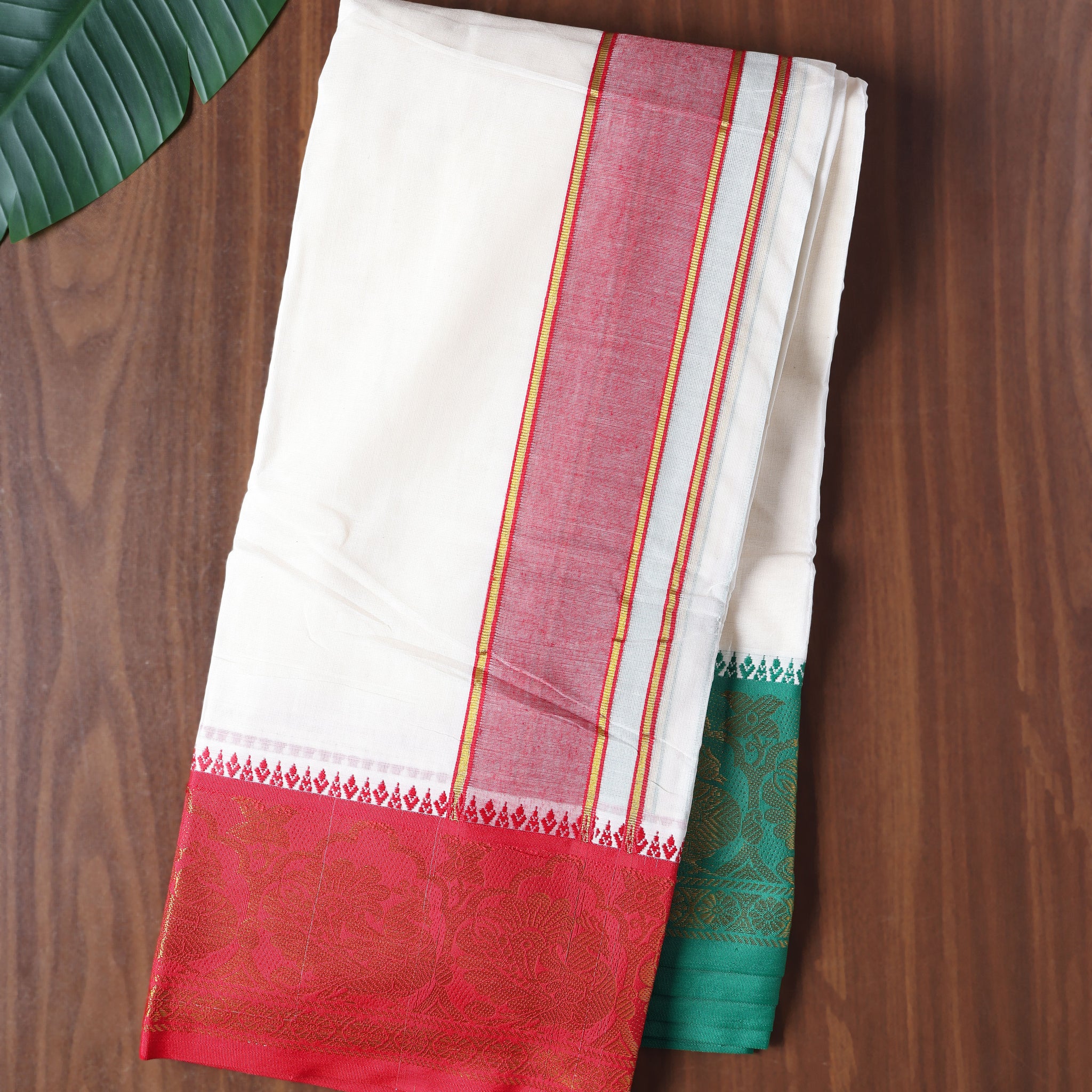 Men’s Cotton Dhoti with Contrast Zari Border - Half White