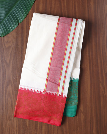 Men’s Cotton Dhoti with Contrast Zari Border - Half White