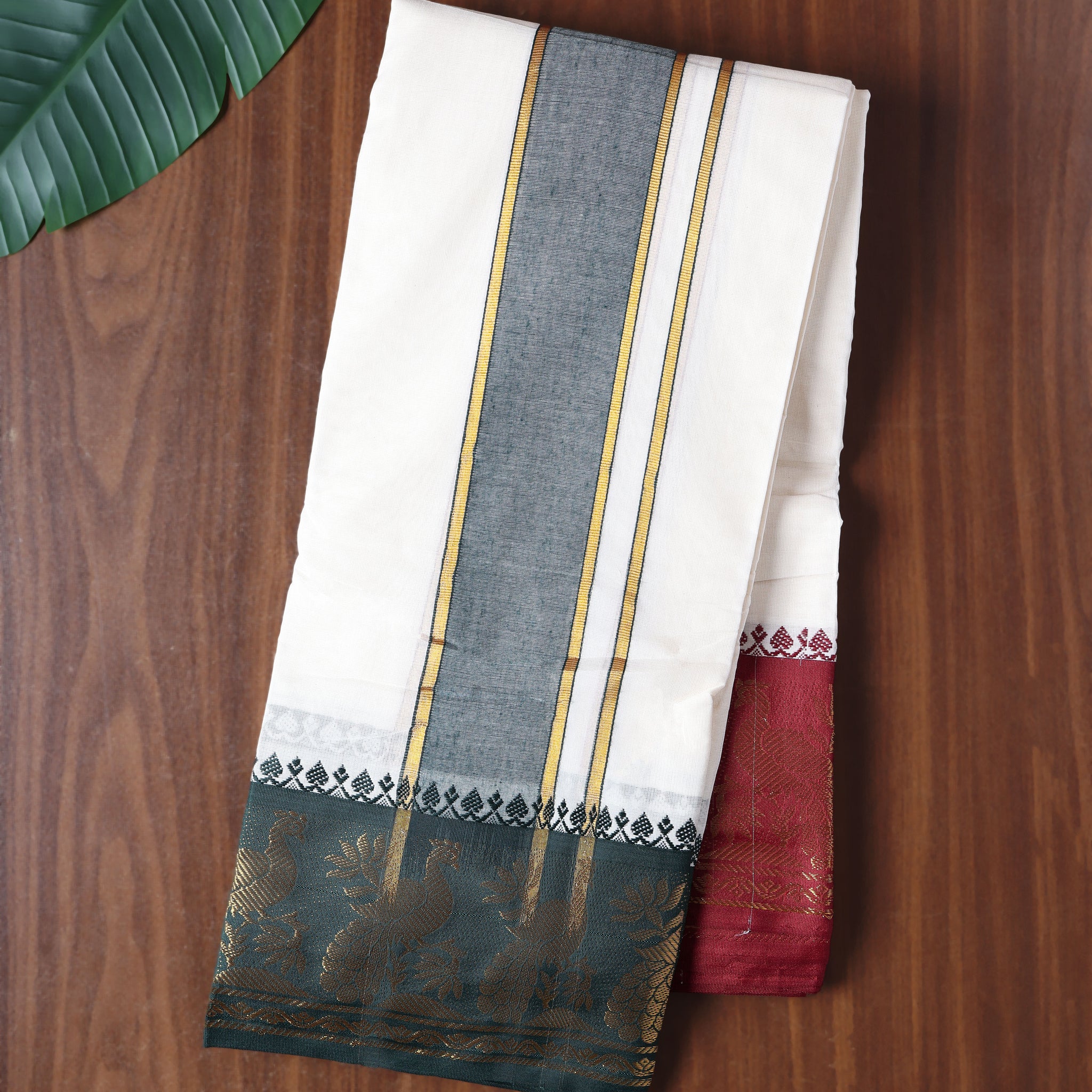 Men’s Cotton Dhoti with Contrast Zari Border - Half White