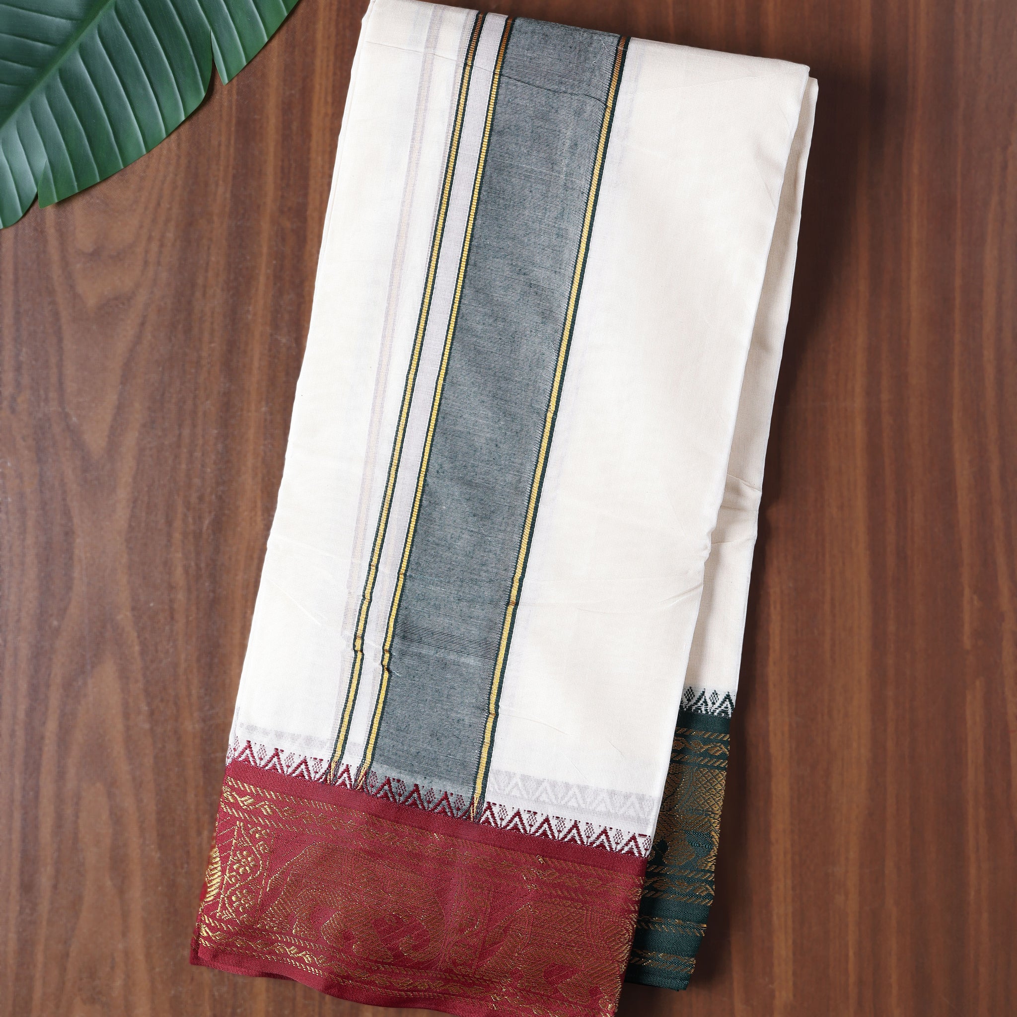 Men’s Cotton Dhoti with Contrast Zari Border - Half White