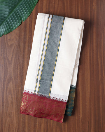 Men’s Cotton Dhoti with Contrast Zari Border - Half White