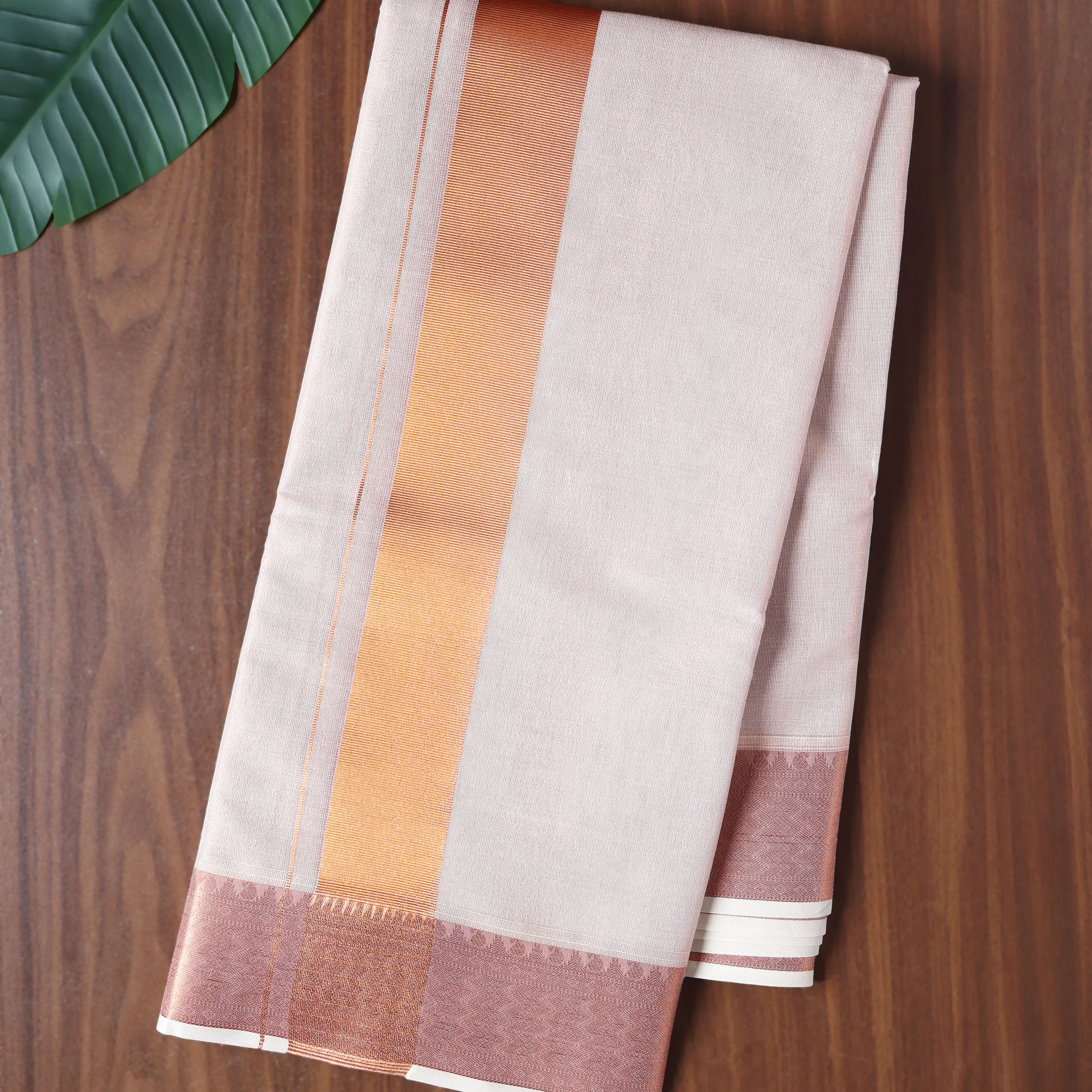 Traditional Men’s Dhoti with Copper Zari Border - Half White