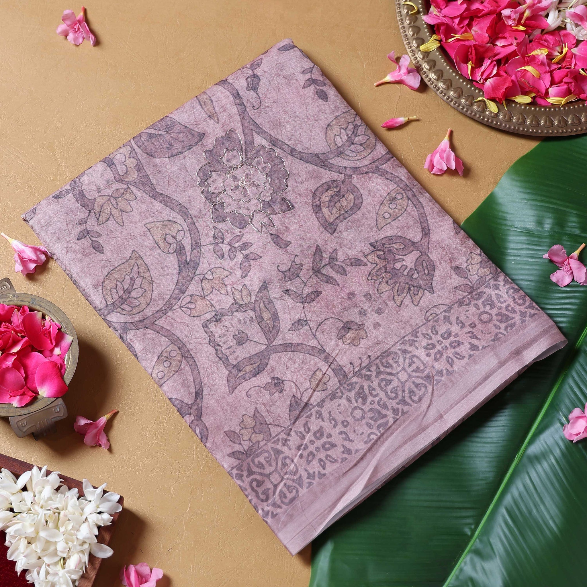 Handloom Linen Cotton Saree with Floral Prints - Brown