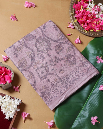 Handloom Linen Cotton Saree with Floral Prints - Brown