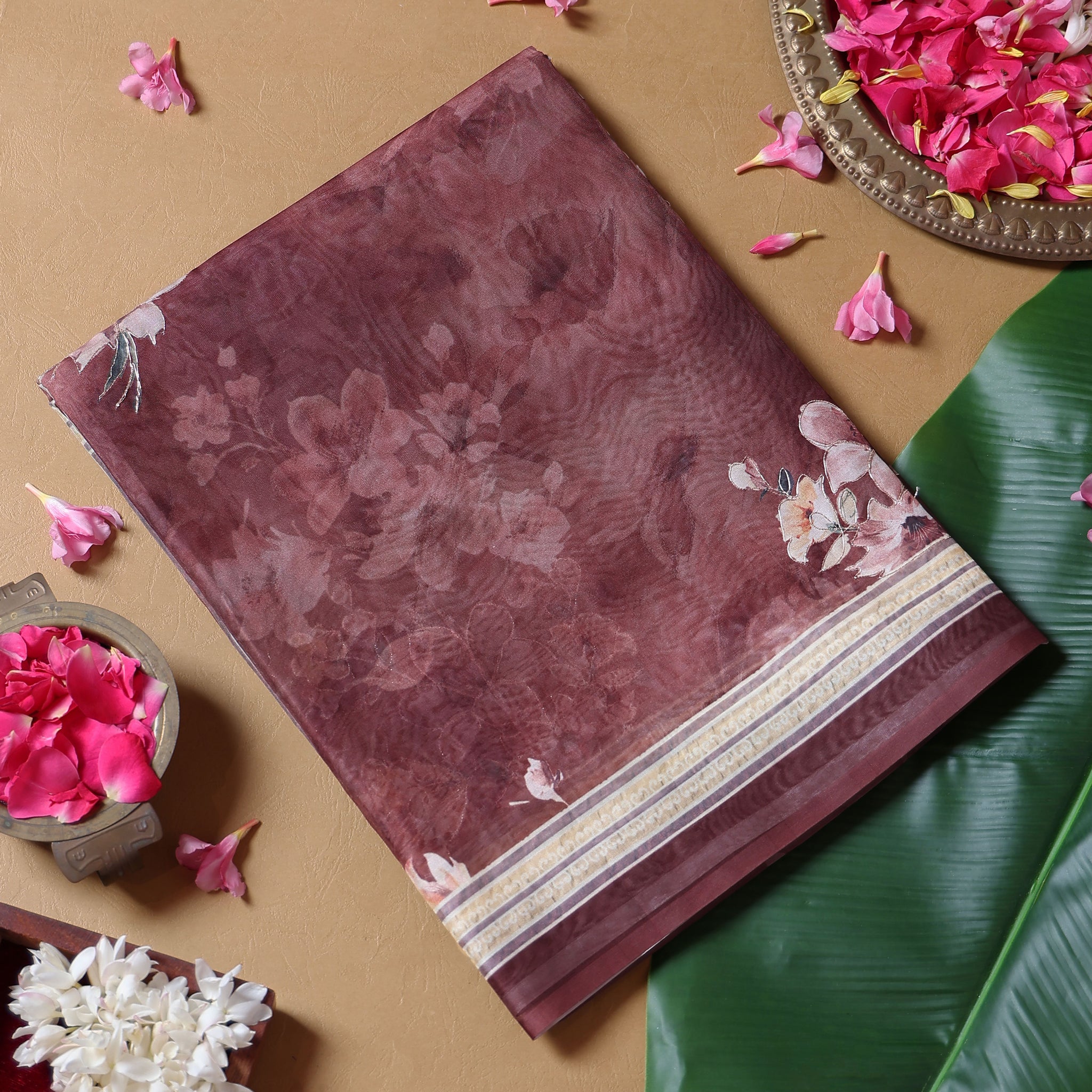 Floral Printed Linen Cotton Saree - Brown