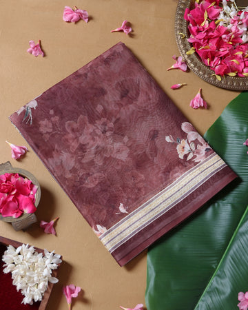 Floral Printed Linen Cotton Saree - Brown