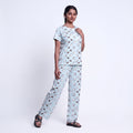 Women’s Printed Nightwear Set Short Sleeve Round Neck Top with Full Length Pajama Pants, Aqua Blue