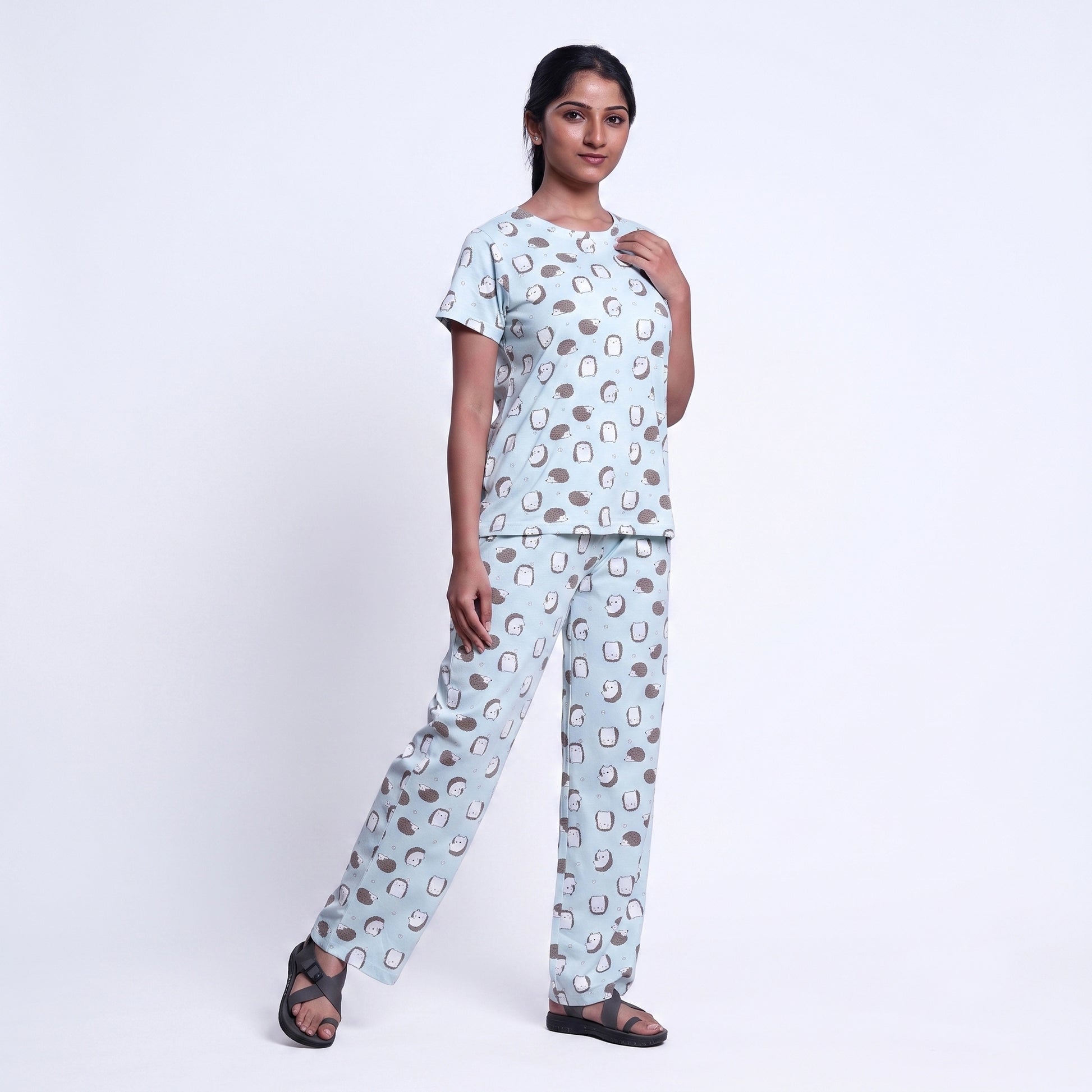 Women’s Printed Nightwear Set Short Sleeve Round Neck Top with Full Length Pajama Pants, Aqua Blue