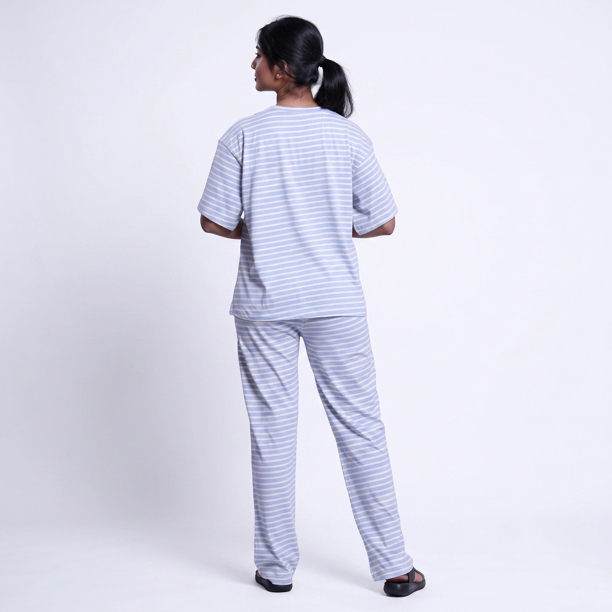 Women’s Cotton Striped Nightwear Set Short Sleeve Round Neck Top with Full Length Pajama Pants, Blue