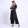 Women’s Elegant Straight Kurta Set with Intricate Embroidered Yoke 3/4th Sleeves and Comfortable Coordinated Pants, Black