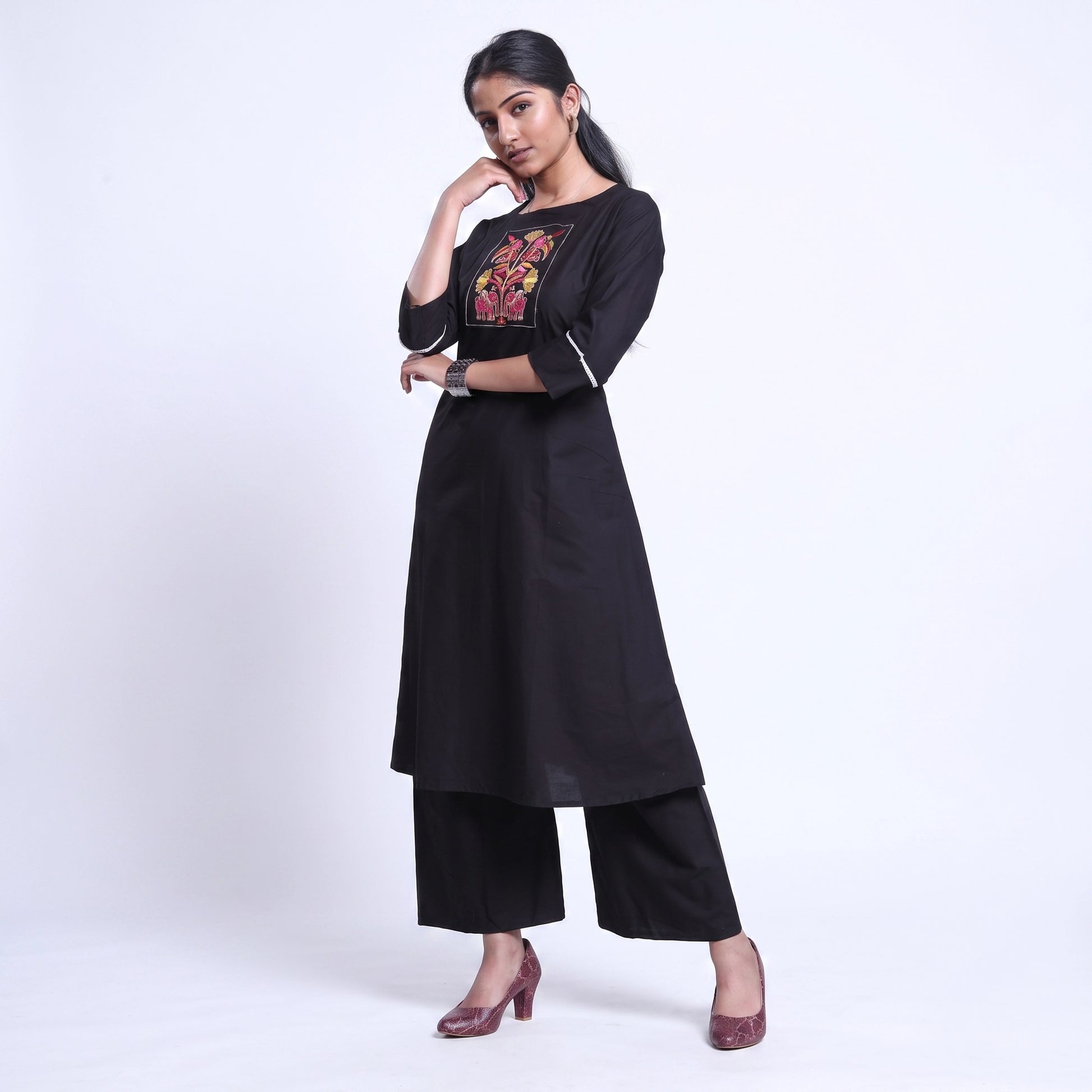 Women’s Elegant Straight Kurta Set with Intricate Embroidered Yoke 3/4th Sleeves and Comfortable Coordinated Pants, Black