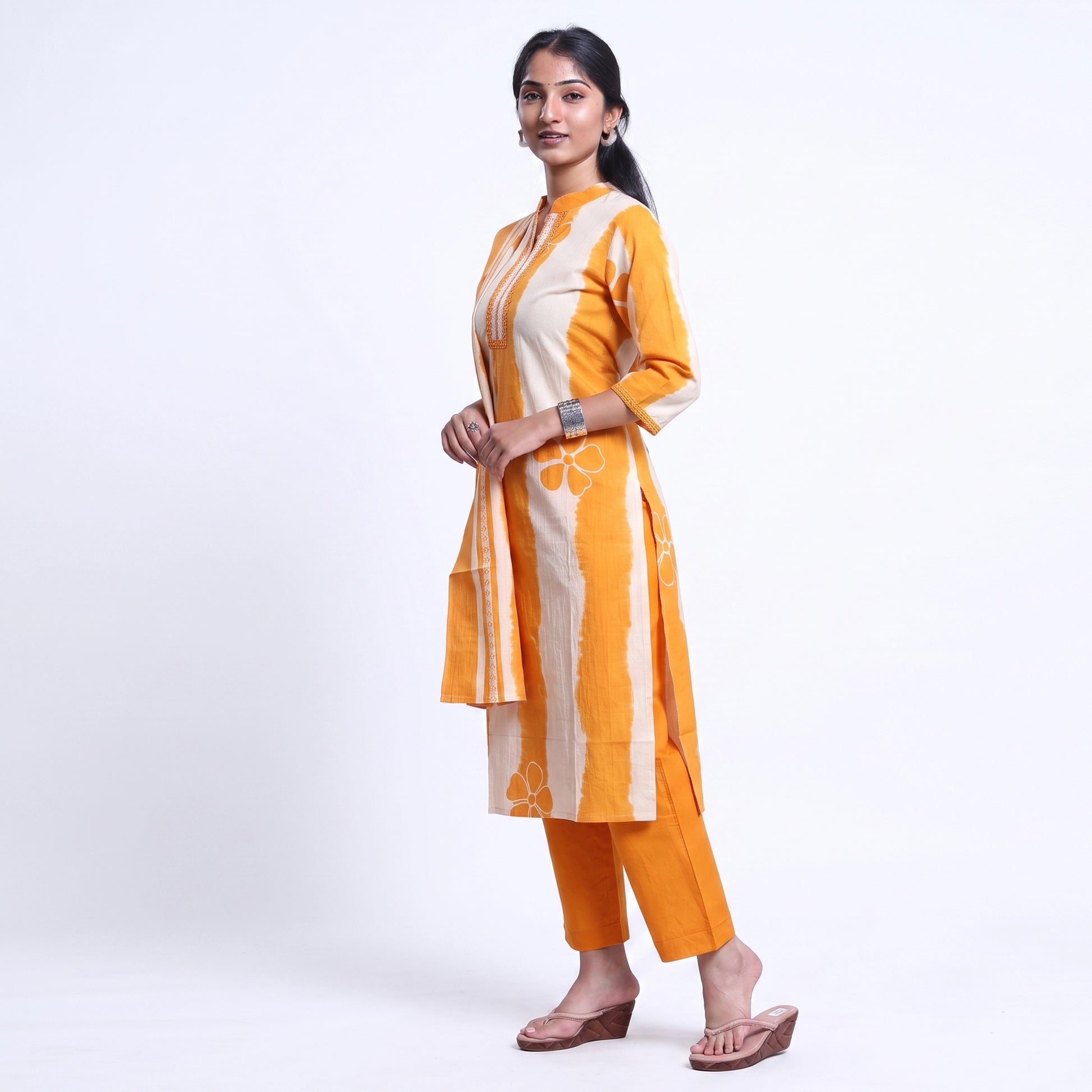 Kurta Pant Set with Matching Dupatta and Tie-Dye Pattern Yellow Full-Length Side View