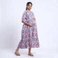 Women’s maternity wear dress with waist tie multicolor print short sleeves back view with relaxed fit