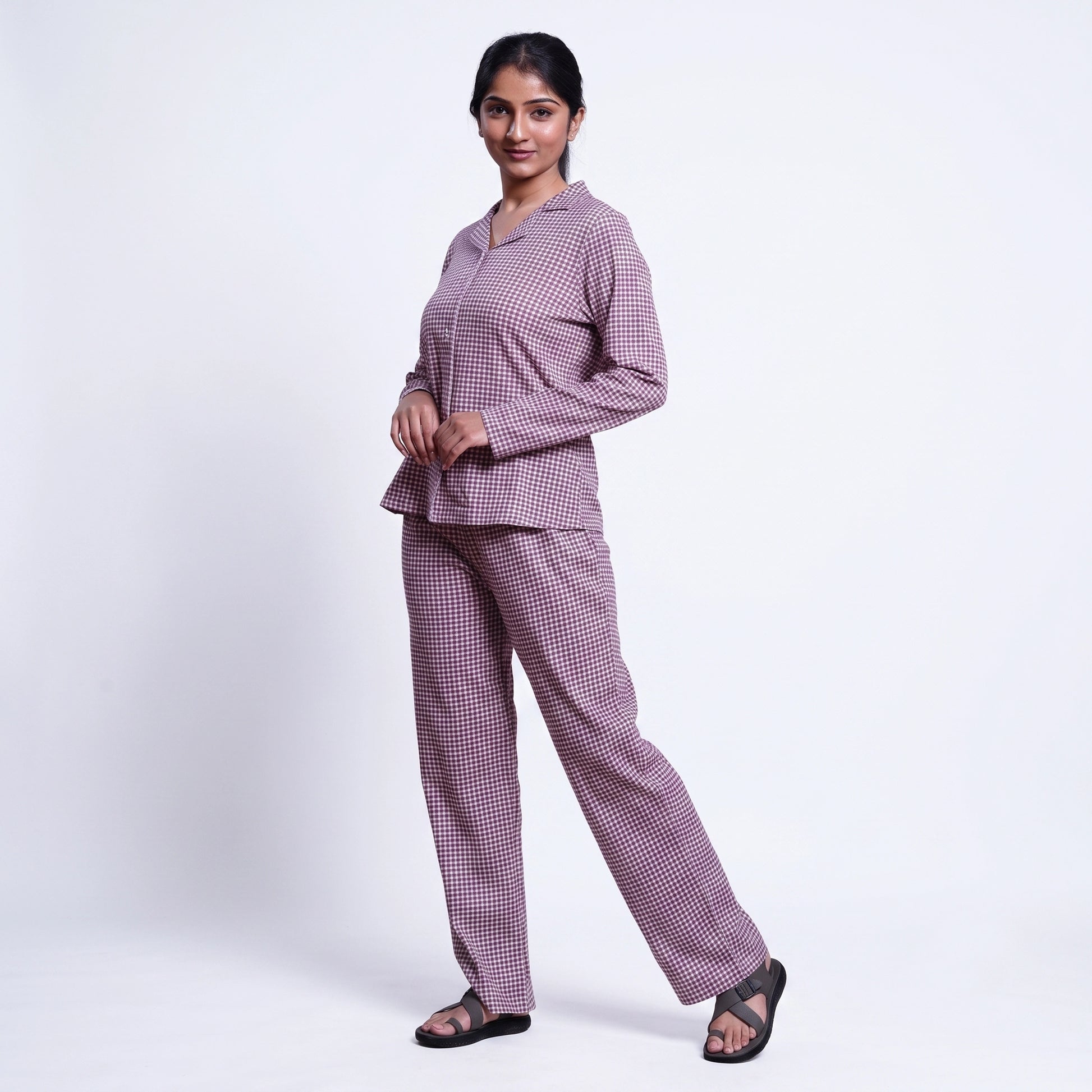 Women’s Cotton Striped Nightwear Set Short Sleeve Round Neck Top with Full Length Pajama Pants, Purple