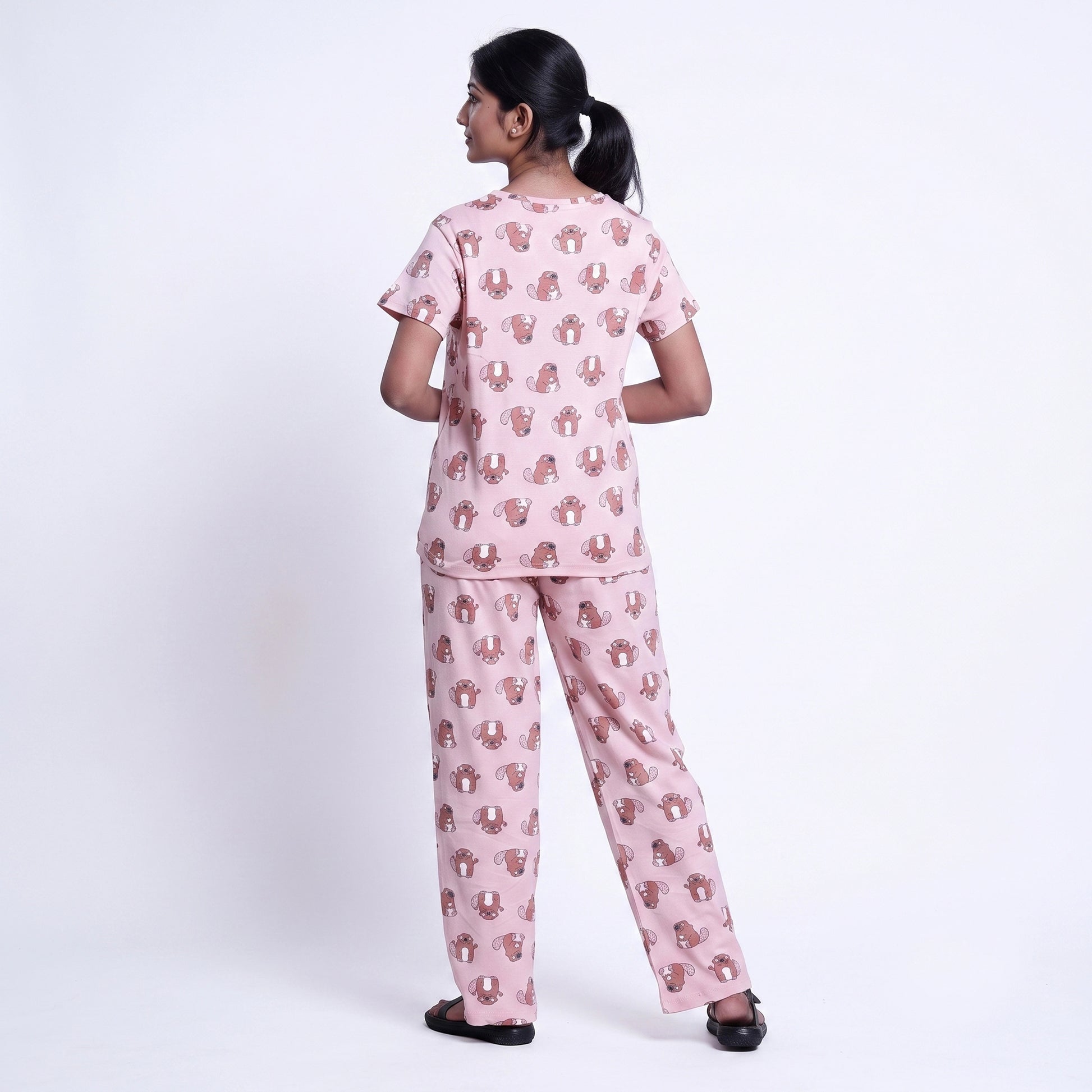 Women’s Printed Nightwear Set Short Sleeve Round Neck Top with Full Length Pajama Pants, Peach