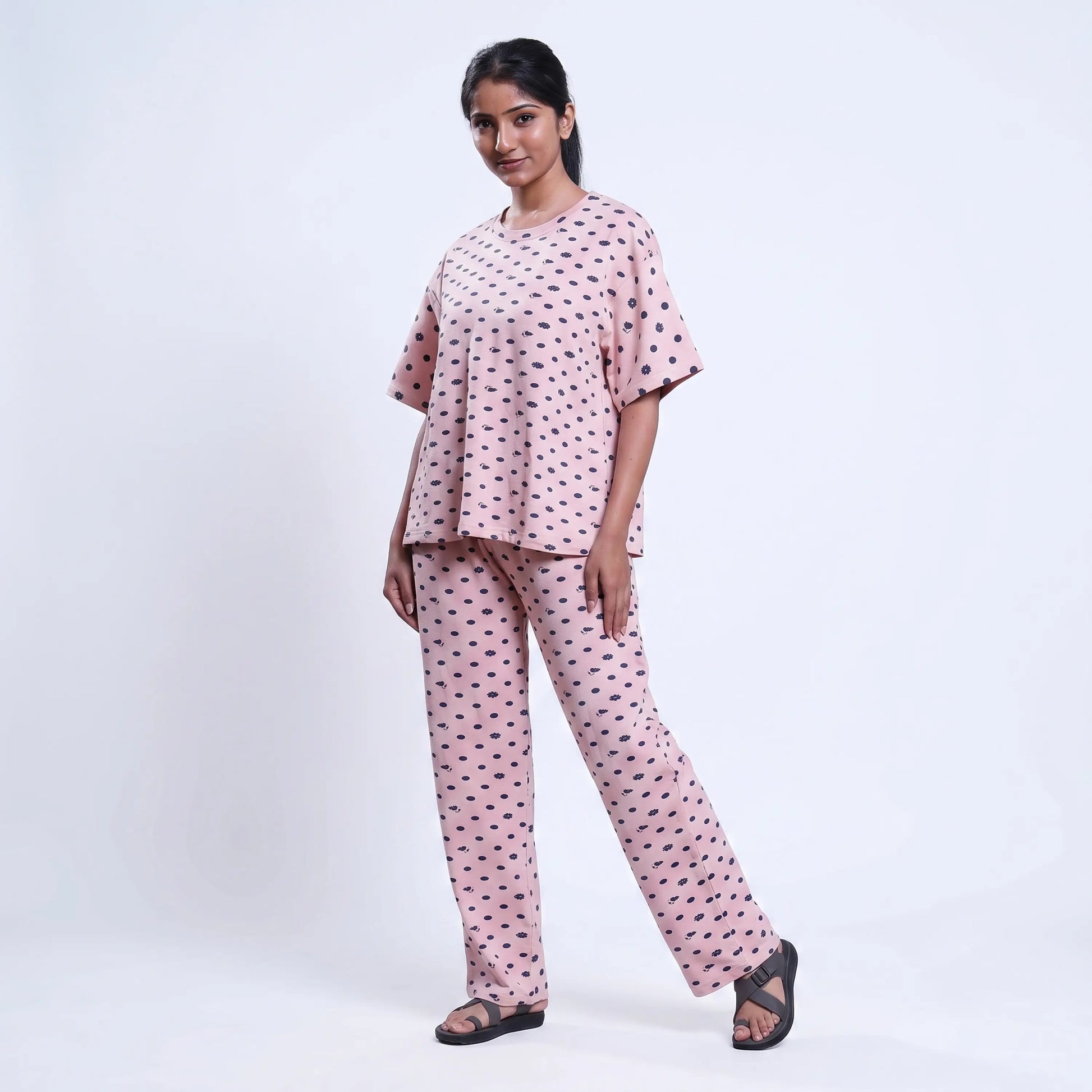 Women’s Printed Nightwear Set Short Sleeve Round Neck Top with Full Length Pajama Pants, Pink