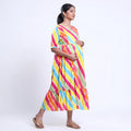 Women's striped maternity wear with tie-back waist and tiered hem multicolor back view on model