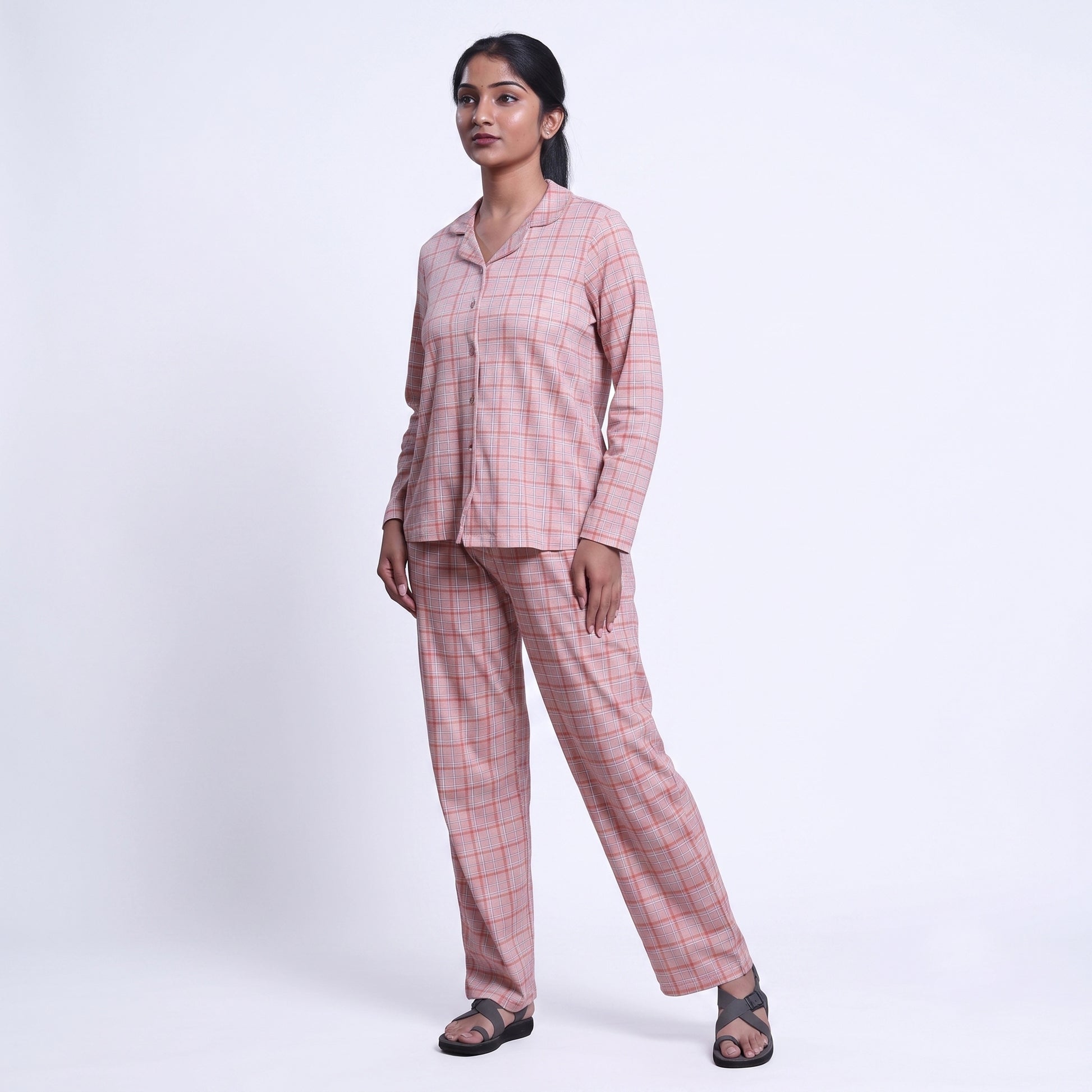 Women’s Cotton Striped Nightwear Set Short Sleeve Round Neck Top with Full Length Pajama Pants, Peach