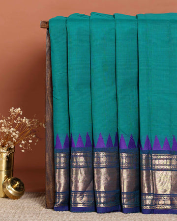 Traditional Handloom Chettinad Cotton Saree with Geometric Woven Border and Textured Body  - Green