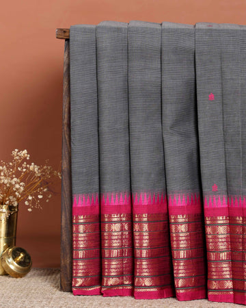 Traditional Handloom Chettinad Cotton Saree with Woven Temple Border and Subtle Motif Detailing - Grey