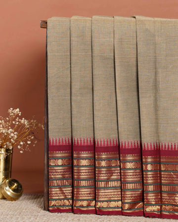 Traditional Handloom Chettinad Cotton Saree with Woven Temple Border and Subtle Motif Detailing - Brown