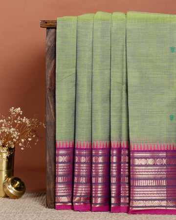 Traditional Handloom Chettinad Cotton Saree with Woven Temple Border and Subtle Motif Detailing - Light Green