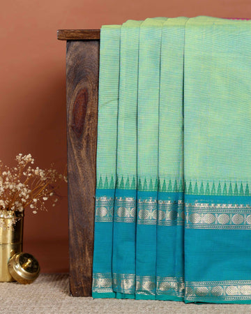 Traditional Handloom Chettinad Cotton Saree with Woven Temple Border and Geometric Motif Detailing - Green