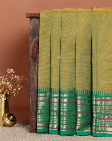 Elegant Handloom Chettinad Cotton Saree with Woven Temple Border and Subtle Motif Detailing - Olive Green