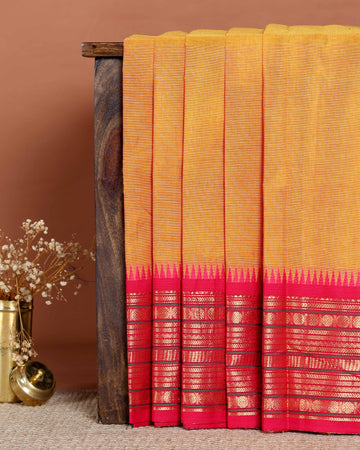 Elegant Handloom Chettinad Cotton Saree with Woven Temple Border and Subtle Motif Detailing - Orange