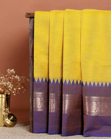 Elegant Handloom Chettinad Cotton Saree with Woven Temple Border and Intricate Peacock Motif Pallu - Yellow