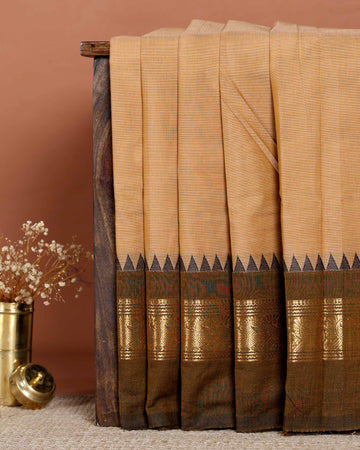 Elegant Handloom Chettinad Cotton Saree with Woven Temple Border and Intricate Peacock Motif Pallu - Brown