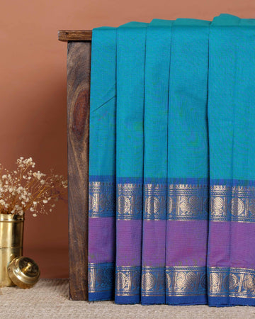Elegant Handloom Chettinad Cotton Saree with Zari Peacock Motif Border and Contrast Pallu - Teal