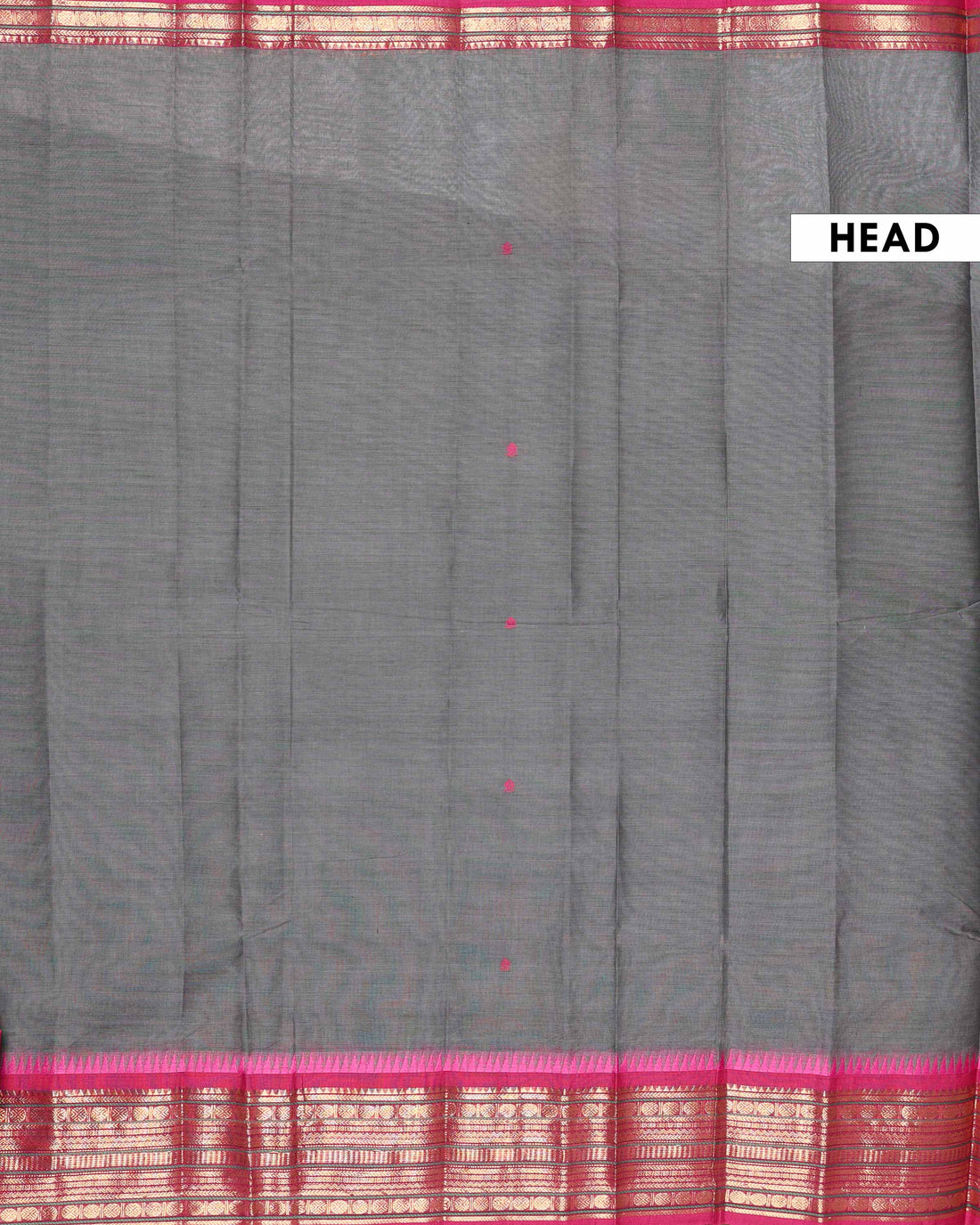 Traditional Handloom Chettinad Cotton Saree with Subtle Body Motifs and Contrast Zari Temple Border - Grey