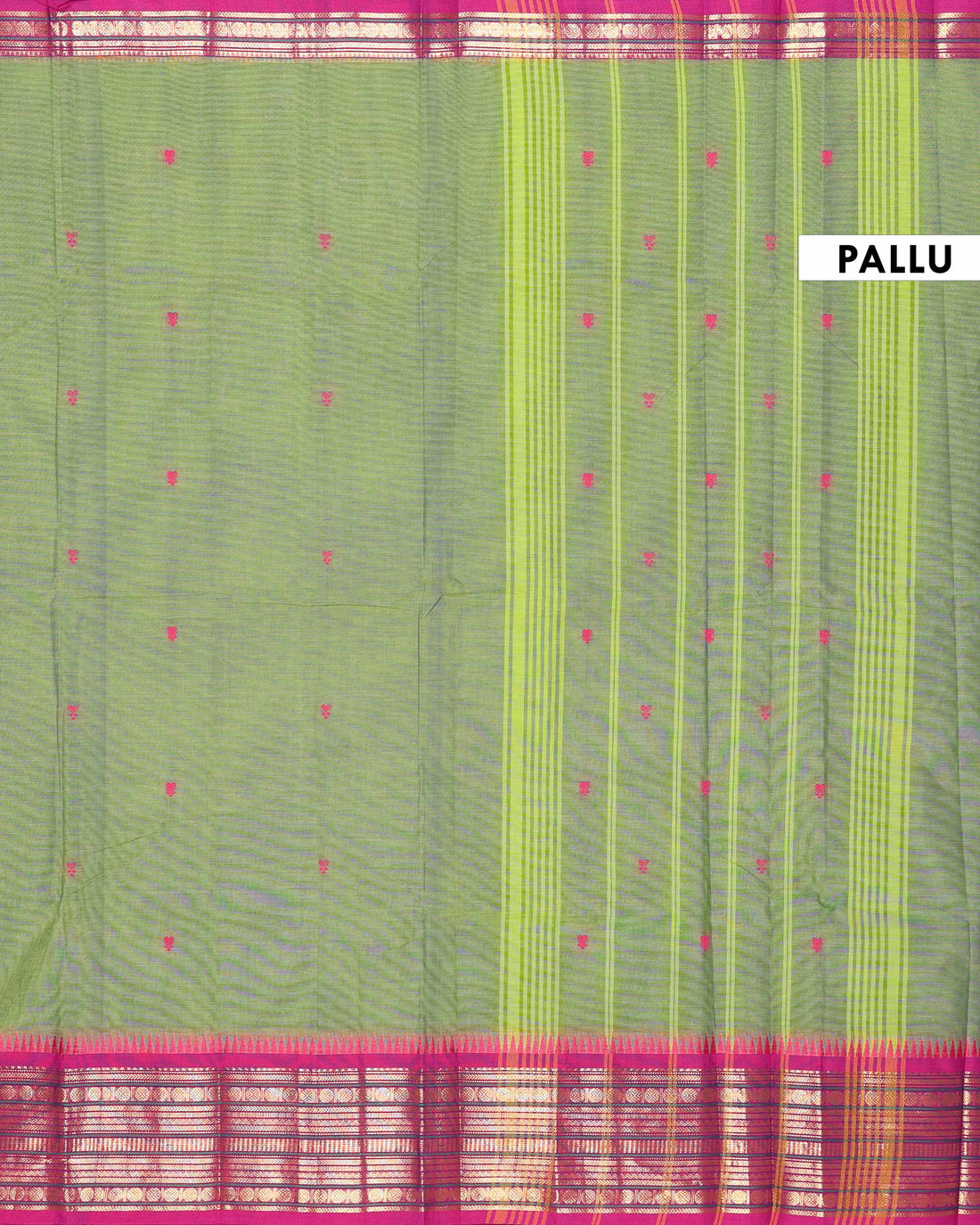 Traditional Handloom Chettinad Cotton Saree with Subtle Body Motifs and Contrast Zari Temple Border - Green