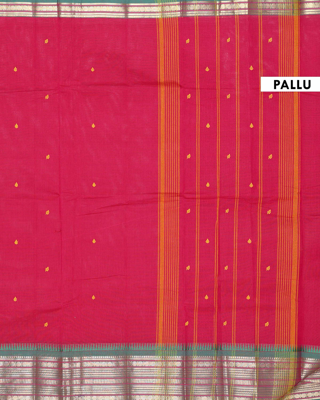 Traditional Handloom Chettinad Cotton Saree with Subtle Body Motifs and Contrast Zari Temple Border - Dark Pink