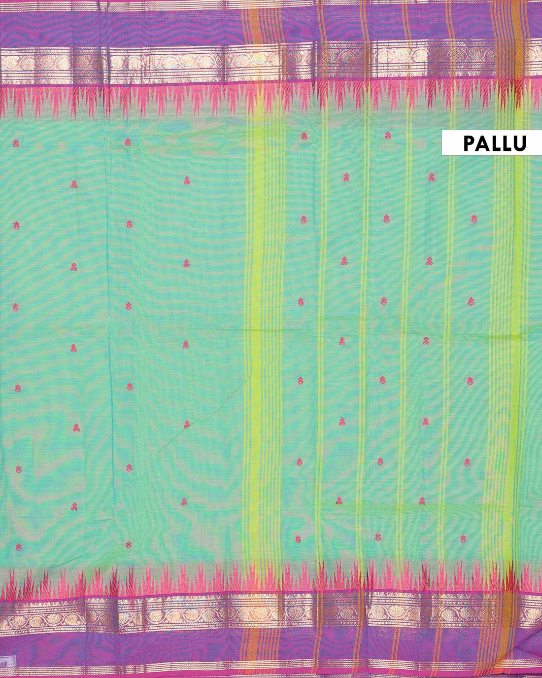 Traditional Handloom Chettinad Cotton Saree with Traditional Temple Border and Zari Work - Green